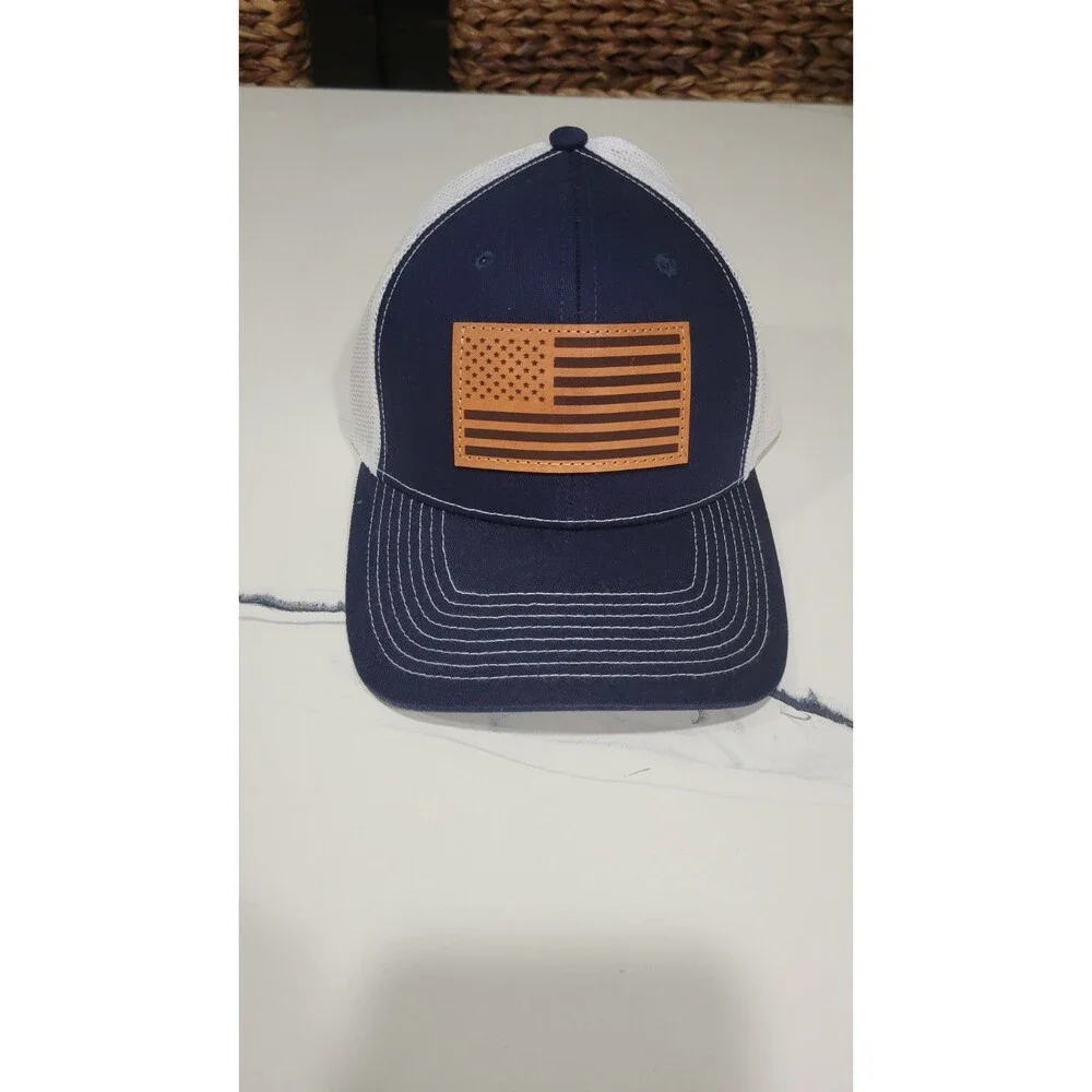 Academy American Flag Trucker Hat Baseball Cap Adjustable Mesh Back Navy, White